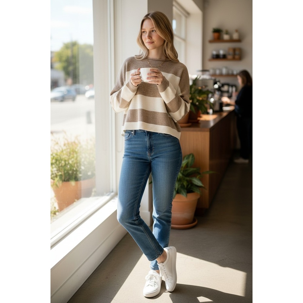 Striped Cropped Sweater XL Preppy Oversized Boxy Neutral Beige Cozy Minimalist